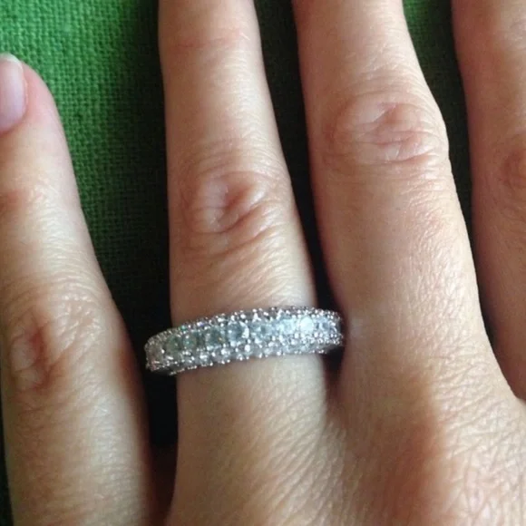 New Woman’s 18K Gold Plated Sterling Silver 3 Row White Sapphire Eternity Ring - Picture 8 of 10